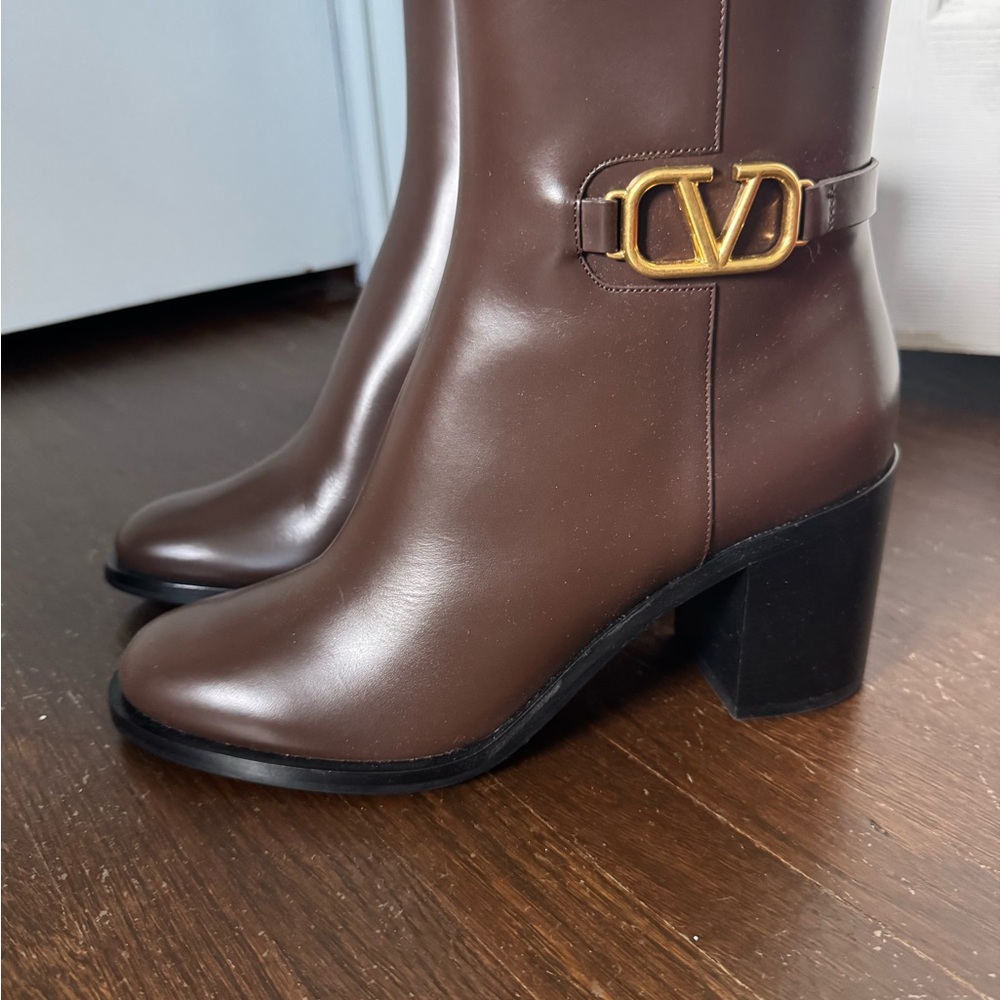 Valentino Garavani Brown Ankle Boots with Gold Logo